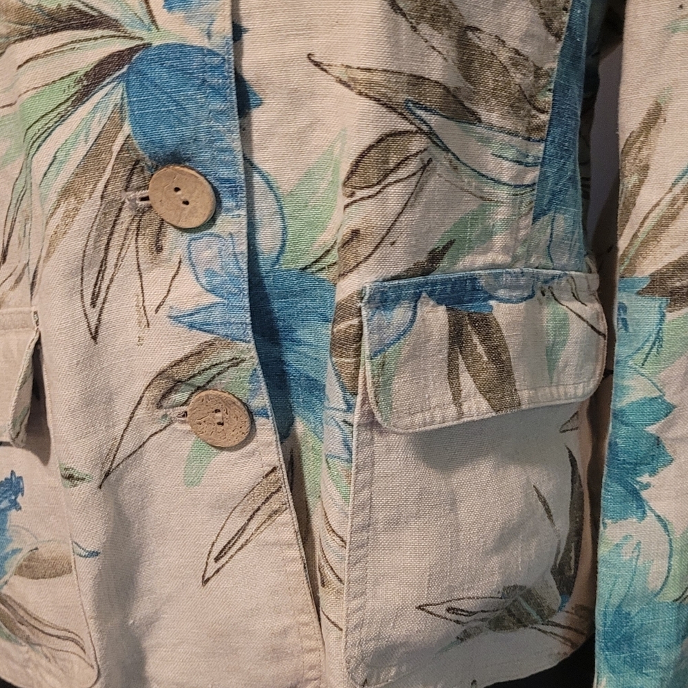 Jones New York Country. Size PM beige with blue tropical flowers women's blazer - Picture 5 of 6